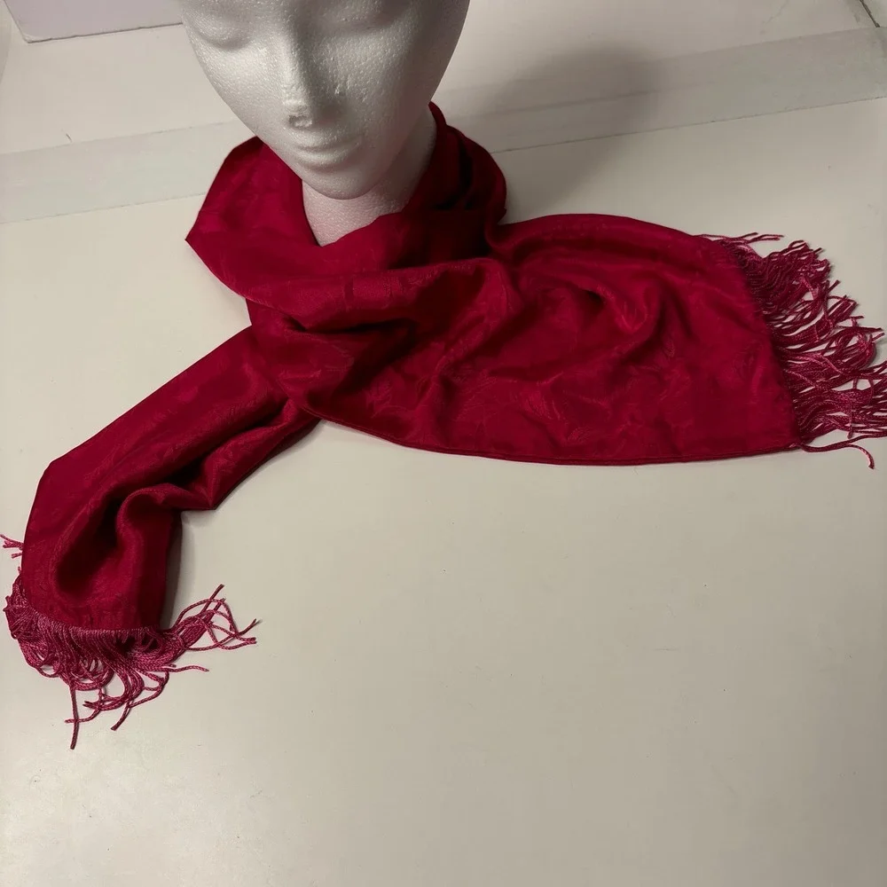 Vintage Hot Pink Fuchsia Brocade Fringe Rectangle Scarf Retro Elegant‎